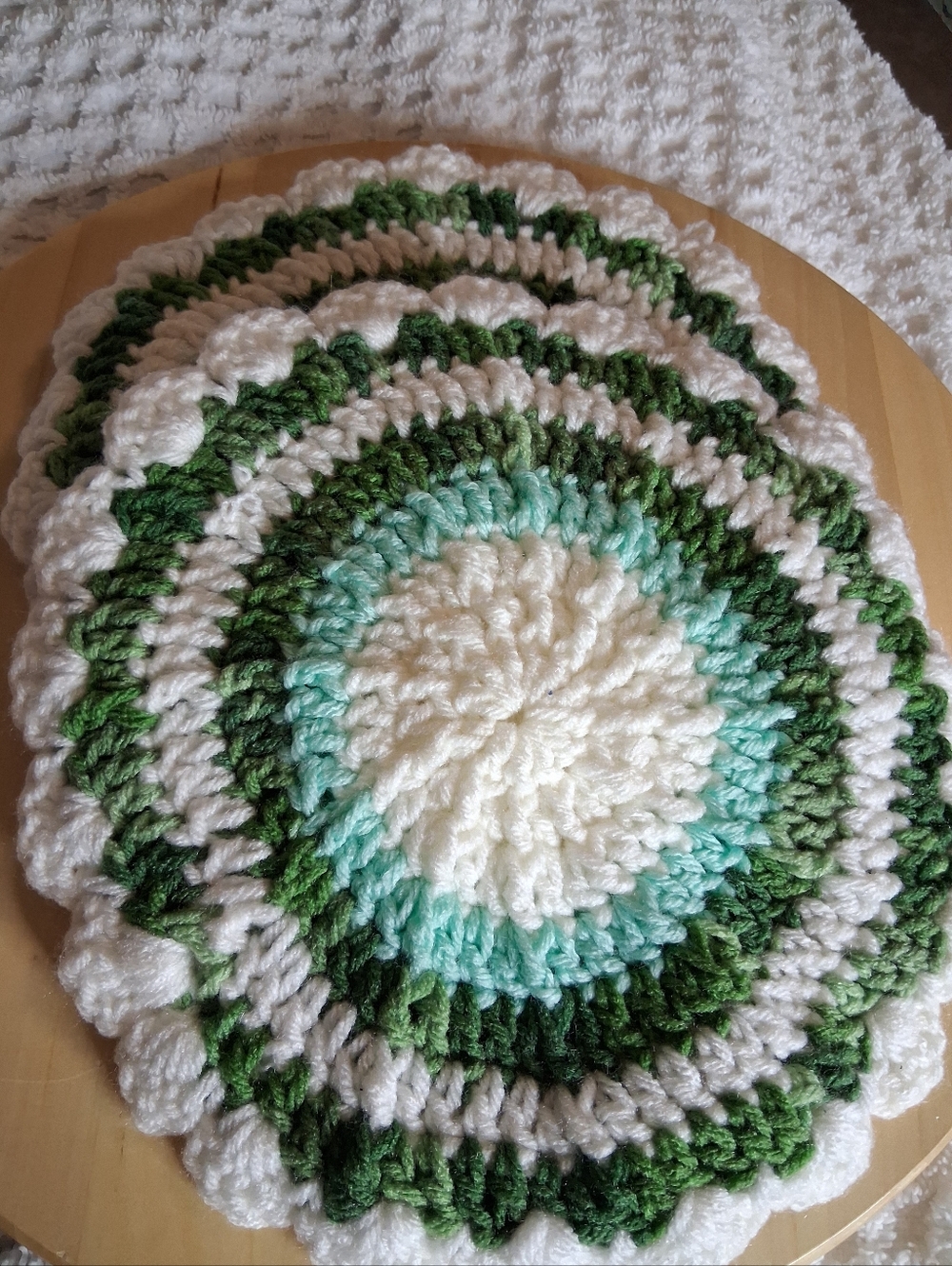 2 Handmade Crocheted Round Trivet in Green, White & Aqua 11 inch